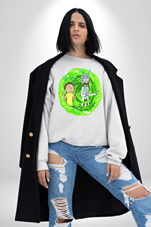 Rick And Morty Portal Çizgi Film Erkek Kadın Unisex Dijital Baskılı Beyaz Sweatshirt