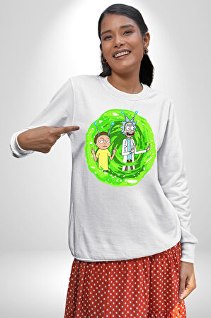Rick And Morty Portal Çizgi Film Erkek Kadın Unisex Dijital Baskılı Beyaz Sweatshirt