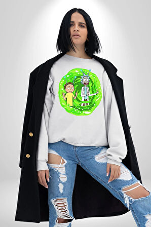 Rick And Morty Portal Çizgi Film Erkek Kadın Unisex Dijital Baskılı Beyaz Sweatshirt