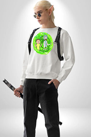 Rick And Morty Portal Çizgi Film Erkek Kadın Unisex Dijital Baskılı Beyaz Sweatshirt