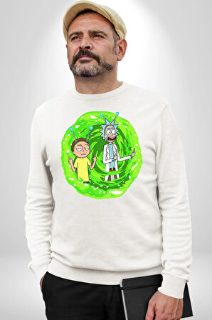 Rick And Morty Portal Çizgi Film Erkek Kadın Unisex Dijital Baskılı Beyaz Sweatshirt