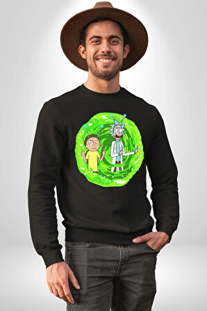 Rick And Morty Portal Çizgi Film Erkek Kadın Unisex Dijital Baskılı Siyah Sweatshirt