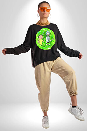 Rick And Morty Portal Çizgi Film Erkek Kadın Unisex Dijital Baskılı Siyah Sweatshirt