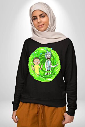 Rick And Morty Portal Çizgi Film Erkek Kadın Unisex Dijital Baskılı Siyah Sweatshirt