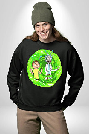 Rick And Morty Portal Çizgi Film Erkek Kadın Unisex Dijital Baskılı Siyah Sweatshirt