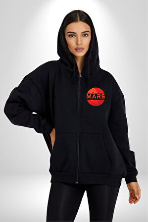 Mars Gezegen Erkek Kadın Siyah Fermuarlı Baskılı Hırka Sweatshirt