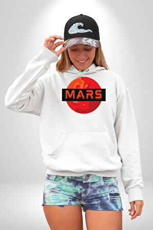Mars Gezegen Erkek Kadın Beyaz Dijital Baskılı Kapüşonlu Sweatshirt Hoodie