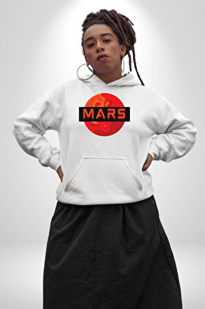 Mars Gezegen Erkek Kadın Beyaz Dijital Baskılı Kapüşonlu Sweatshirt Hoodie