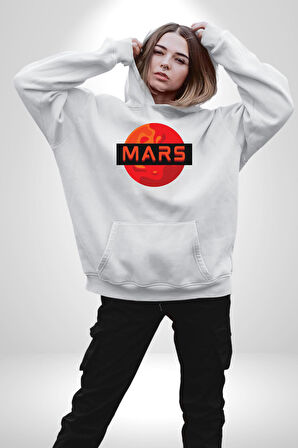 Mars Gezegen Erkek Kadın Beyaz Dijital Baskılı Kapüşonlu Sweatshirt Hoodie