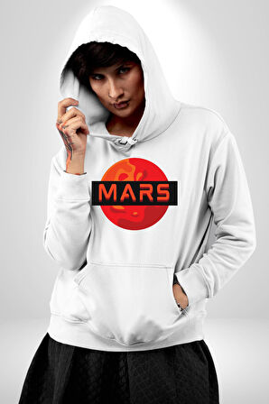 Mars Gezegen Erkek Kadın Beyaz Dijital Baskılı Kapüşonlu Sweatshirt Hoodie