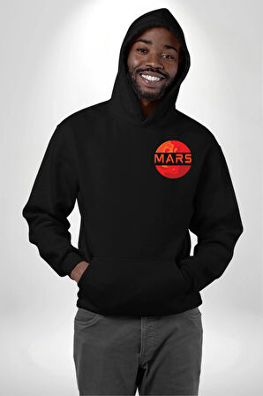 Mars Gezegen Erkek Kadın Siyah Ön Sırt Baskılı Kapüşonlu Sweatshirt Hoodie
