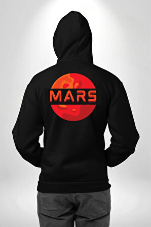 Mars Gezegen Erkek Kadın Siyah Ön Sırt Baskılı Kapüşonlu Sweatshirt Hoodie