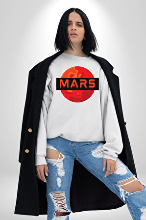 Mars Gezegen Erkek Kadın Unisex Dijital Baskılı Beyaz Sweatshirt