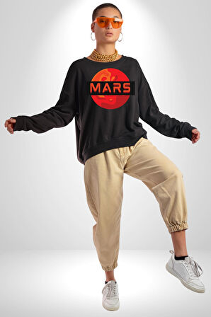 Mars Gezegen Erkek Kadın Unisex Dijital Baskılı Siyah Sweatshirt