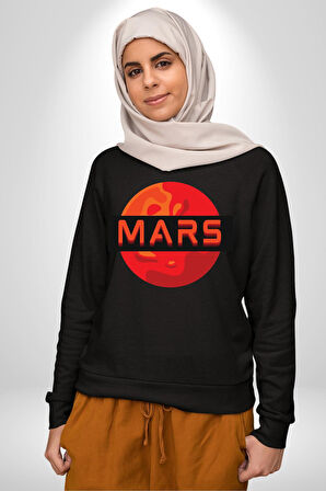 Mars Gezegen Erkek Kadın Unisex Dijital Baskılı Siyah Sweatshirt