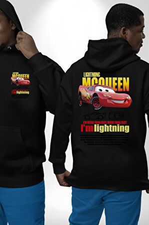 The Car Şimşek McQueeb Arabalar Ben Hızlıyım  Erkek Kadın Siyah Ön Sırt Baskılı Kapüşonlu Sweatshirt Hoodie