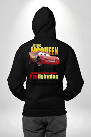 The Car Şimşek McQueeb Arabalar Ben Hızlıyım  Erkek Kadın Siyah Ön Sırt Baskılı Kapüşonlu Sweatshirt Hoodie