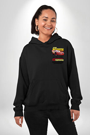 The Car Şimşek McQueeb Arabalar Ben Hızlıyım  Erkek Kadın Siyah Ön Sırt Baskılı Kapüşonlu Sweatshirt Hoodie