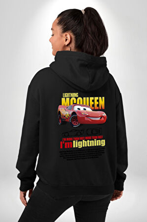 The Car Şimşek McQueeb Arabalar Ben Hızlıyım  Erkek Kadın Siyah Ön Sırt Baskılı Kapüşonlu Sweatshirt Hoodie