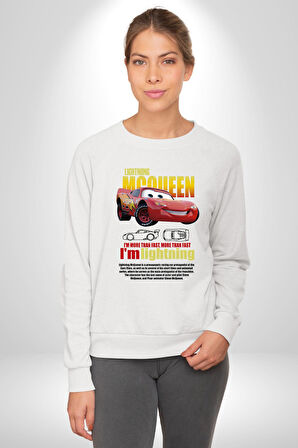 The Car Şimşek McQueeb Arabalar Ben Hızlıyım  Erkek Kadın Unisex Dijital Baskılı Beyaz Sweatshirt