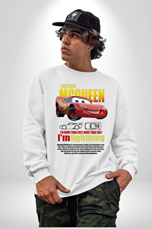 The Car Şimşek McQueeb Arabalar Ben Hızlıyım  Erkek Kadın Unisex Dijital Baskılı Beyaz Sweatshirt