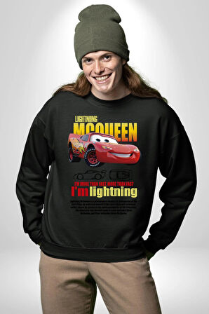 The Car Şimşek McQueeb Arabalar Ben Hızlıyım  Erkek Kadın Unisex Dijital Baskılı Siyah Sweatshirt