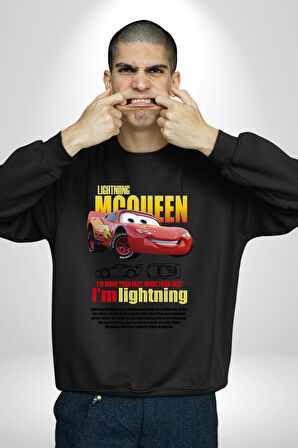 The Car Şimşek McQueeb Arabalar Ben Hızlıyım  Erkek Kadın Unisex Dijital Baskılı Siyah Sweatshirt