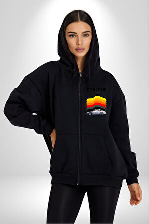 Porsche Klasik Araba Retro Tasarım Erkek Kadın Siyah Fermuarlı Baskılı Hırka Sweatshirt