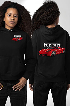 Ferrari F430 Scuderia Spider 16M Erkek Kadın Siyah Ön Sırt Baskılı Kapüşonlu Sweatshirt Hoodie