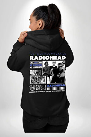 Radio Başlık Sürpriz Yok Sokak Style Erkek Kadın Siyah Ön Sırt Baskılı Kapüşonlu Sweatshirt Hoodie