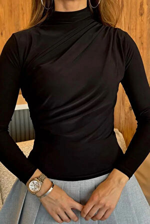 Kadın Bluz Kadın Omuz Büzgülü Bel Drapeli Dik Yaka Uzun Kollu Crop Bluz