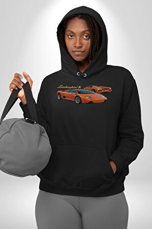 Lamborghini Diablo 2001 Turuncu Araba Boğa Erkek Kadın Siyah Dijital Baskılı Kapüşonlu Sweatshirt Hoodie