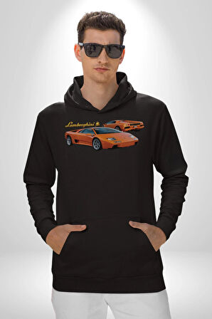 Lamborghini Diablo 2001 Turuncu Araba Boğa Erkek Kadın Siyah Dijital Baskılı Kapüşonlu Sweatshirt Hoodie