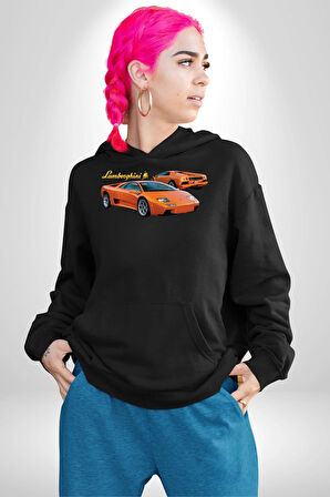 Lamborghini Diablo 2001 Turuncu Araba Boğa Erkek Kadın Siyah Dijital Baskılı Kapüşonlu Sweatshirt Hoodie
