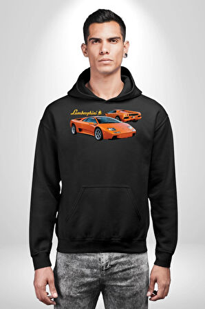 Lamborghini Diablo 2001 Turuncu Araba Boğa Erkek Kadın Siyah Dijital Baskılı Kapüşonlu Sweatshirt Hoodie