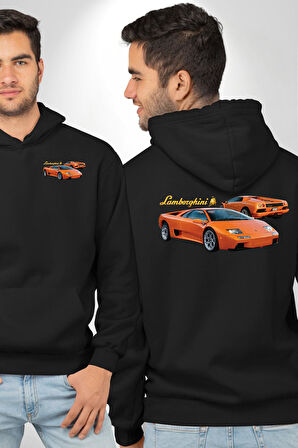 Lamborghini Diablo 2001 Turuncu Araba Boğa Erkek Kadın Siyah Ön Sırt Baskılı Kapüşonlu Sweatshirt Hoodie