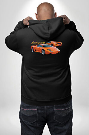 Lamborghini Diablo 2001 Turuncu Araba Boğa Erkek Kadın Siyah Ön Sırt Baskılı Kapüşonlu Sweatshirt Hoodie