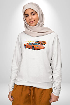Lamborghini Diablo 2001 Turuncu Araba Boğa Erkek Kadın Unisex Dijital Baskılı Beyaz Sweatshirt