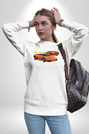 Lamborghini Diablo 2001 Turuncu Araba Boğa Erkek Kadın Unisex Dijital Baskılı Beyaz Sweatshirt