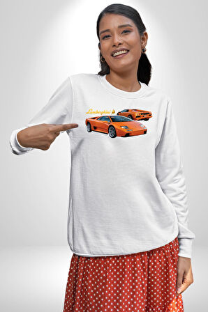 Lamborghini Diablo 2001 Turuncu Araba Boğa Erkek Kadın Unisex Dijital Baskılı Beyaz Sweatshirt