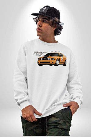 Shelby Mustang Araba Style Erkek Kadın Unisex Dijital Baskılı Beyaz Sweatshirt