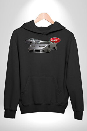Bugatti EB110 GT Grigio Chiaro Erkek Kadın Siyah Dijital Baskılı Kapüşonlu Sweatshirt Hoodie