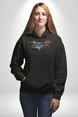 Bugatti EB110 GT Grigio Chiaro Erkek Kadın Siyah Dijital Baskılı Kapüşonlu Sweatshirt Hoodie