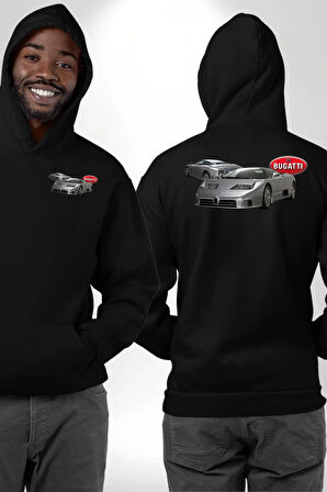 Bugatti EB110 GT Grigio Chiaro Erkek Kadın Siyah Ön Sırt Baskılı Kapüşonlu Sweatshirt Hoodie