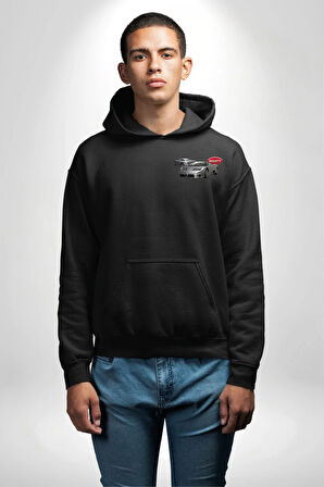Bugatti EB110 GT Grigio Chiaro Erkek Kadın Siyah Ön Sırt Baskılı Kapüşonlu Sweatshirt Hoodie