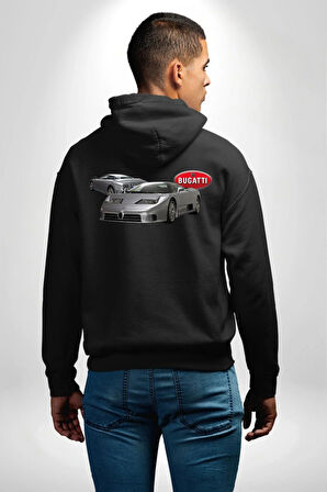 Bugatti EB110 GT Grigio Chiaro Erkek Kadın Siyah Ön Sırt Baskılı Kapüşonlu Sweatshirt Hoodie