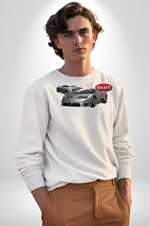 Bugatti EB110 GT Grigio Chiaro Erkek Kadın Unisex Dijital Baskılı Beyaz Sweatshirt