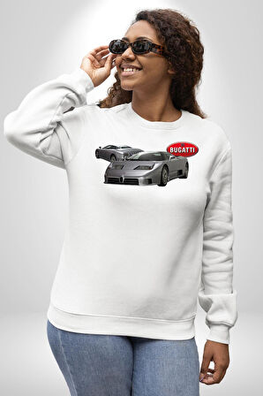 Bugatti EB110 GT Grigio Chiaro Erkek Kadın Unisex Dijital Baskılı Beyaz Sweatshirt
