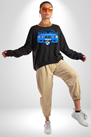 BMW Mavi M3 Cabrio Erkek Kadın Unisex Dijital Baskılı Siyah Sweatshirt