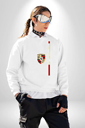 Porsche Logo Klasik Stil Tasarım Erkek Kadın Unisex Dijital Baskılı Beyaz Sweatshirt
